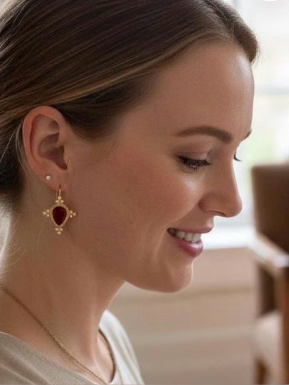 Gold Teardrop Pearl Accent Earrings in Deep Ruby Red - Picture 6 of 7